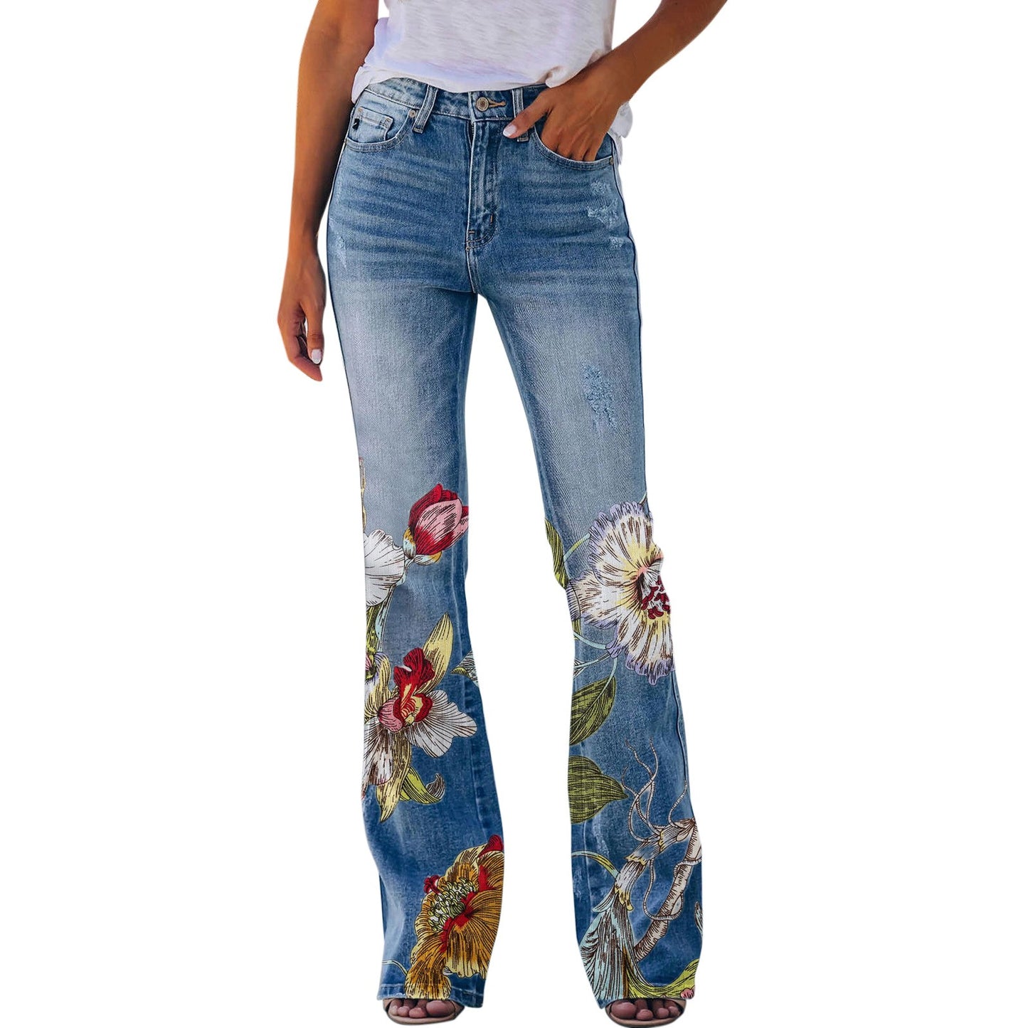 Womens Pants Streetwear Retro Trousers Printed Pattern Loose Flared Hem Jeans Stretch Flared Bottoms