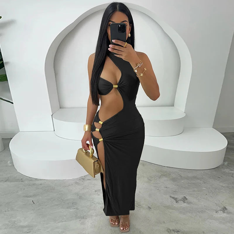 BIIKPIIK Sexy Hollow Out Party Dress For Women Fashion Metal Buckle Sleeveless Bodycon Gown Clubwear Evening Dress Summer Trendy