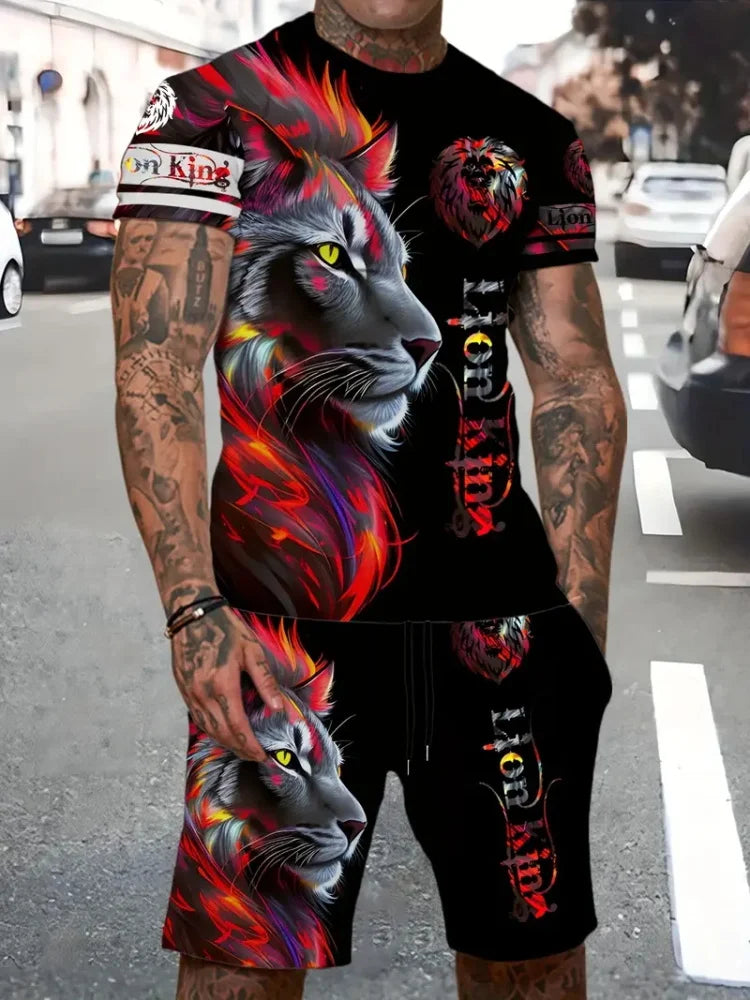 New Lion King 3D Printed Short Sleeve T-shirt Shorts 2 Piece Summer Men's Fashion Street Fashion Short Sleeve Suit Casual
