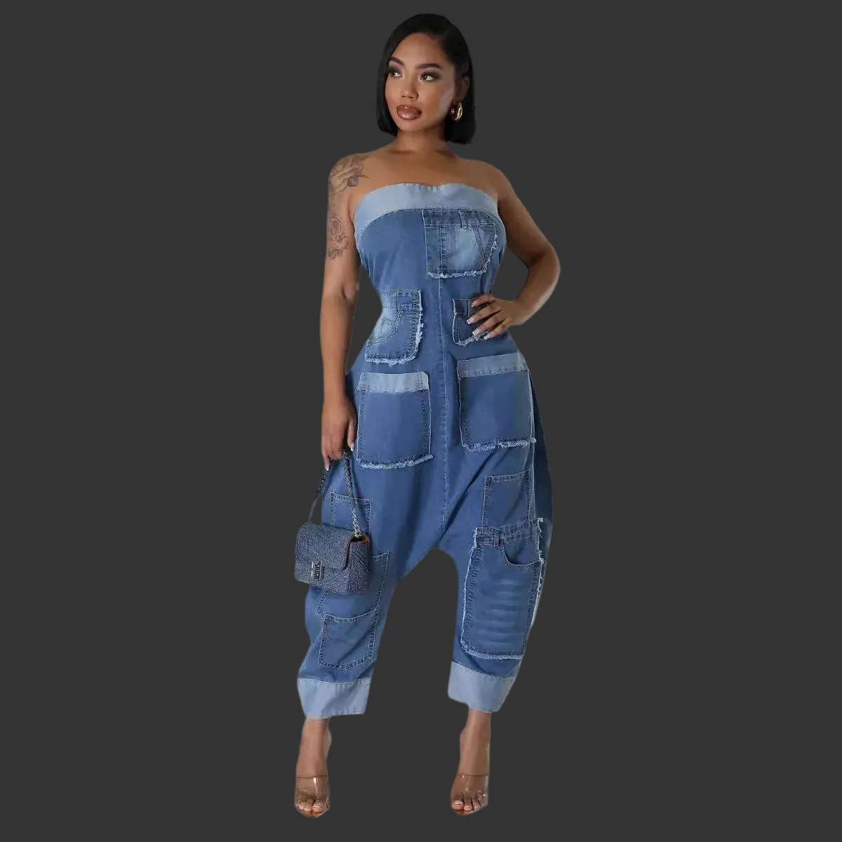 CM.YAYA Women Strapless Sleeveless Pockets Cargo Wide Leg Denim Jumpsuits Washed Oufits Street One Piece Loose Rompers