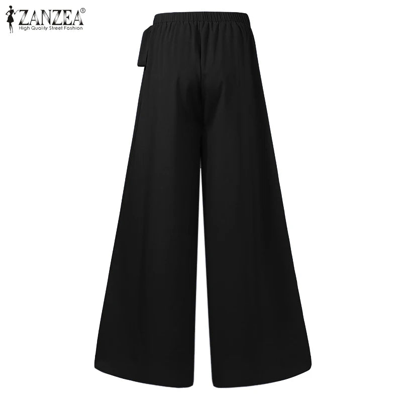 Elegant High Waist Solid Work Trousers ZANZEA Fashion Summer Women Loose Wide Leg Pants Palazzo Oversized Bow Tie Long Pantalon