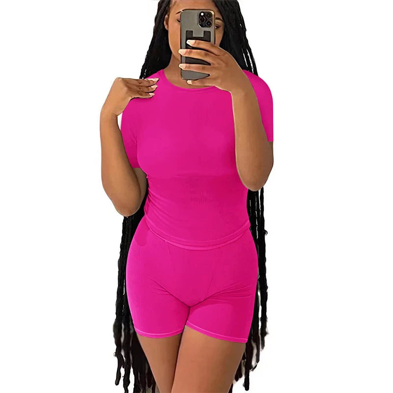Casual Workout Two Piece Outfits for Women Fitted Crew Neck T-shirt High Waist pants Matching Sets Streetwear