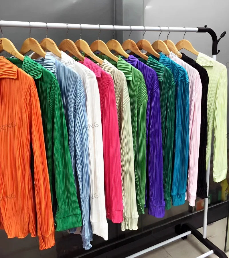 New Spring And Autumn Suit Women's Pleated Lapel Shirt Loose Casual Suit Solid Color Drape Pleated Casual Suit
