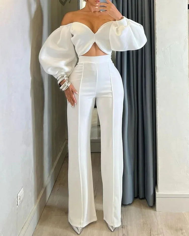 Pant Set Women Two Piece Sets Slim Fit Off Shoulder Sexy Puff Sleeve V Neck Tops High Waist Elegant Splice Straight Long Pants