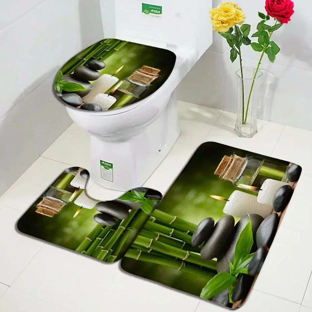 Zen Bath Mat Set Pink Lotus Orchid Grey Stone Green Bamboo Home Carpet White Bathroom Decor Flannel Floor Rugs Toilet Lid Cover