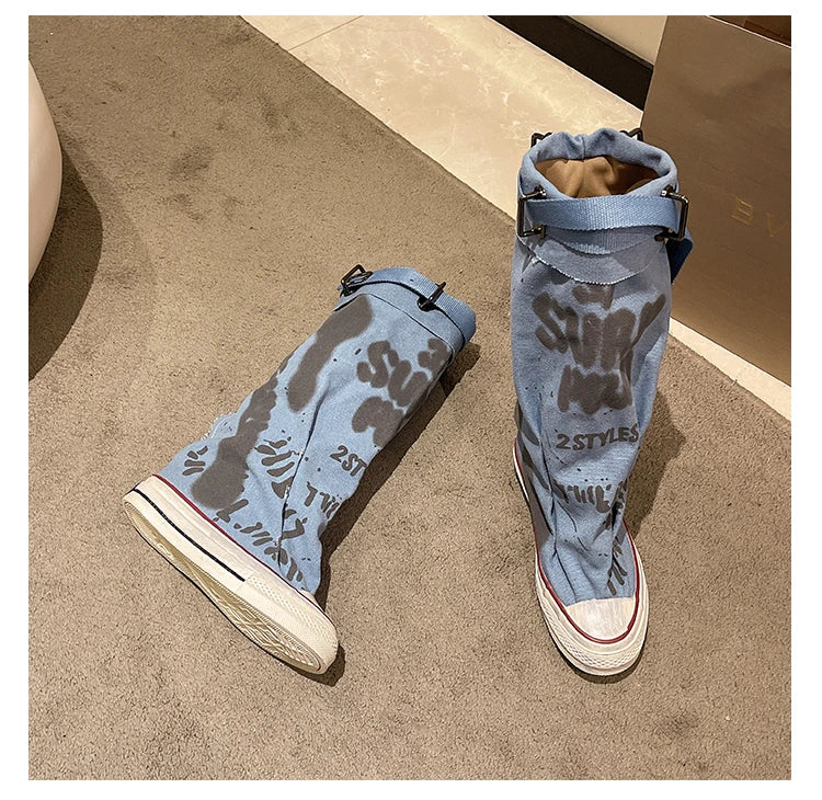 Women's Spring Graffiti High Canvas Boots Round Head Middle Follow Anti-slip Boots Women Leisure Fashion Rubber Sole Botas Mujer