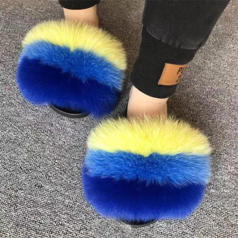 Hot Sale Summer Women Fox Fur Slippers Furry Slippers Designer Fur Slides Girls Black Fur Slides Gorgeous Big Fur Slides Sandal