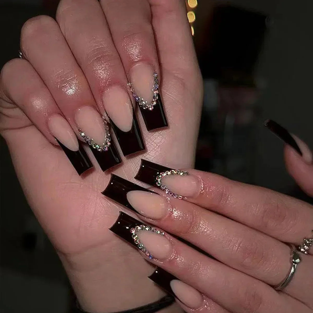 24Pcs Shimmery Long Coffin False Nails with Glue Ballerina Nail Design Sweet Fashion French Press on Acrylic Nails Manicure Tips