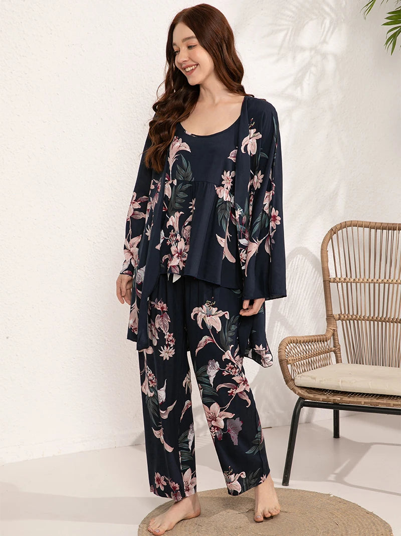 Women's Pajams Set 3 Pieces 100% Viscose Home Pijima Loose Set Sleepwear Printed Plus Size S-3XL Loose Comfortable Female Pijima