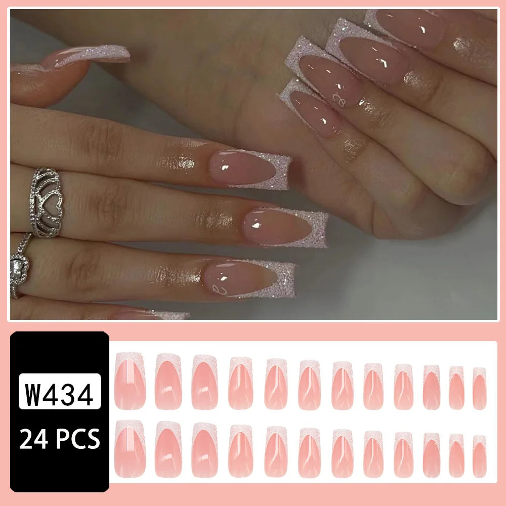 24Pcs Shimmery Long Coffin False Nails with Glue Ballerina Nail Design Sweet Fashion French Press on Acrylic Nails Manicure Tips