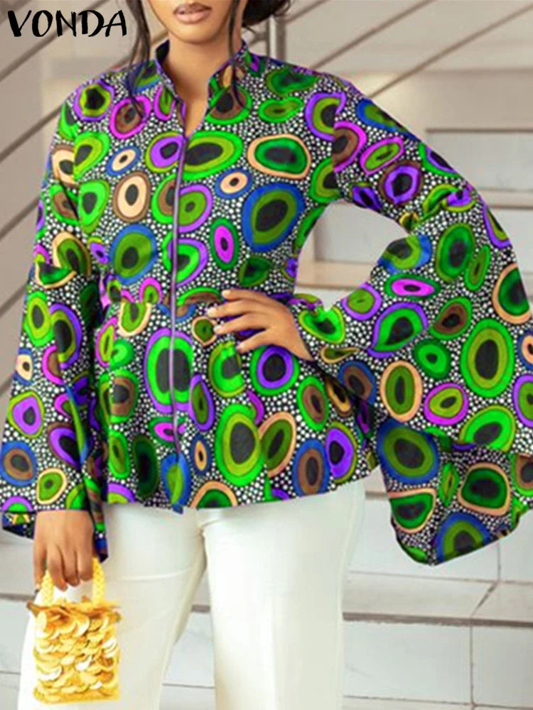 Plus Size 5XL VONDA Women Bohemian Tops 2024 Flared Sleeve Printed Tops Stand Collar Blouse Cover Up Casual Loose Blusas Tunic
