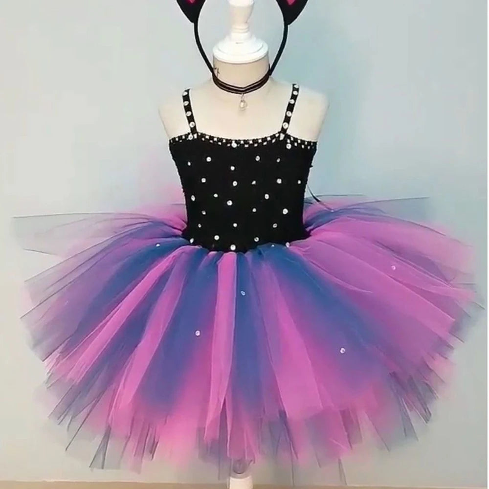 Baby Girls Black Cat Dress for Kids Birthday Outfits Toddler Girl Halloween Costumes Children Animal Dresses with Headband Set