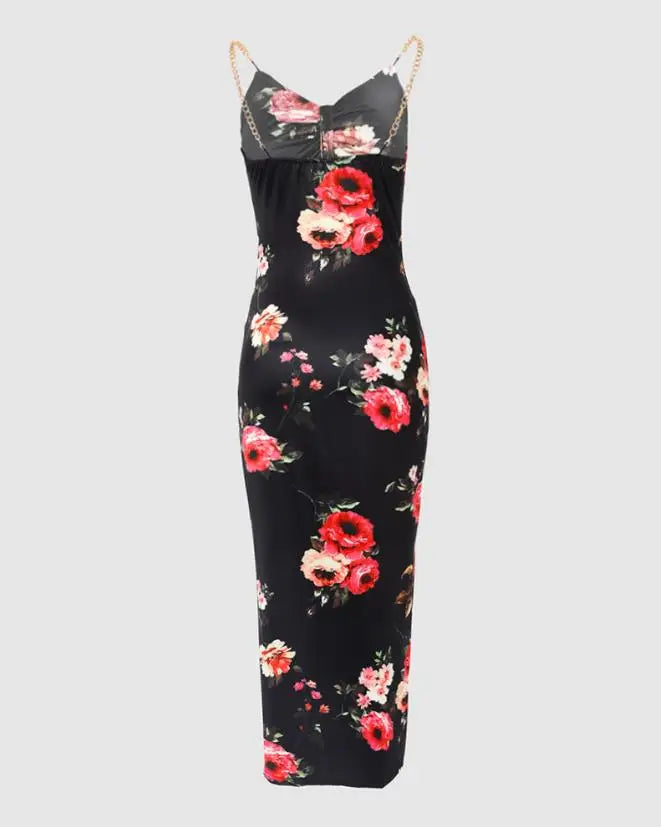 Sexy Floral Print High Slit Bodycon Dress Summer Daily Fashion Sleeveless Chain Decor Cutout Maxi Skinny Party Dresses