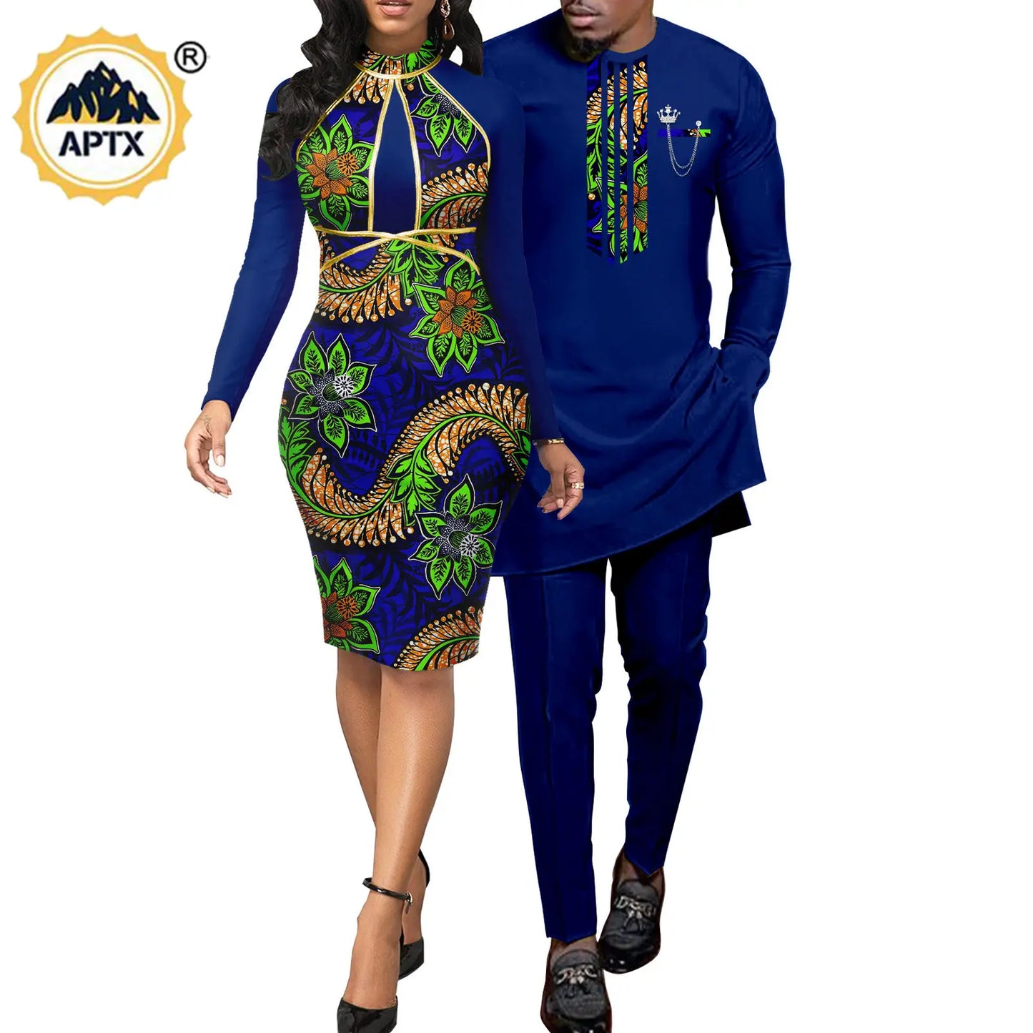 African Abaya Hip Dresses for Women Matching Couple Outfits with Bazin Riche Men's Top and Pant Set Dashiki Print
