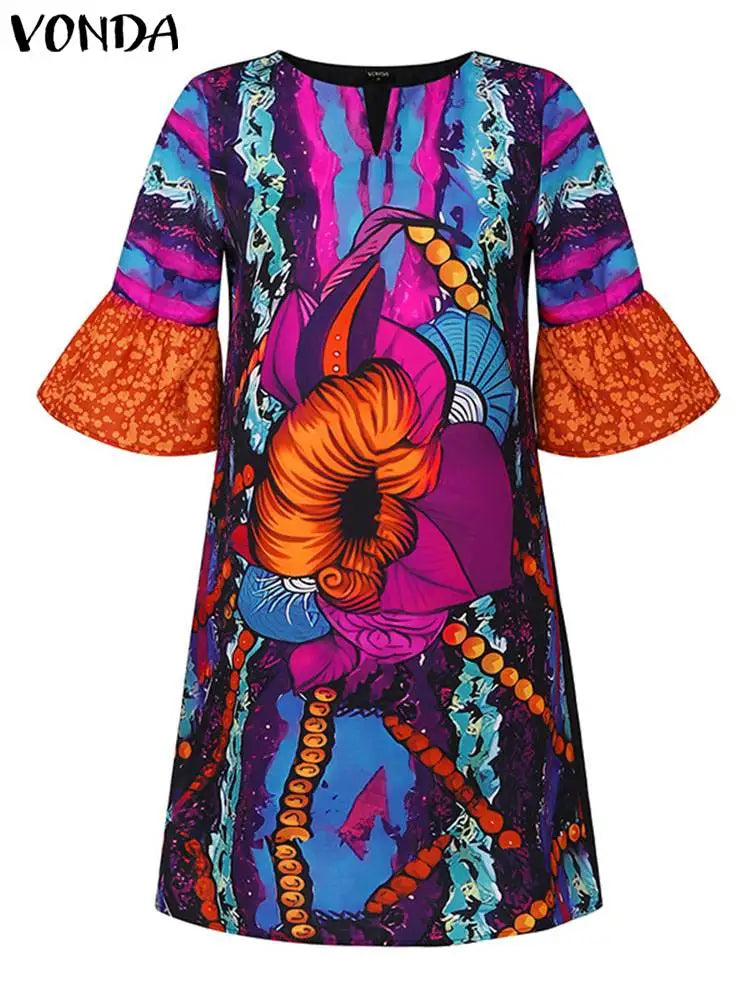 Plus Size 5XL VONDA Women Bohemian Short Dress Crew neck Flared Sleeve Party Vestido 2024 Fashion Printed Sundress Casual Robe