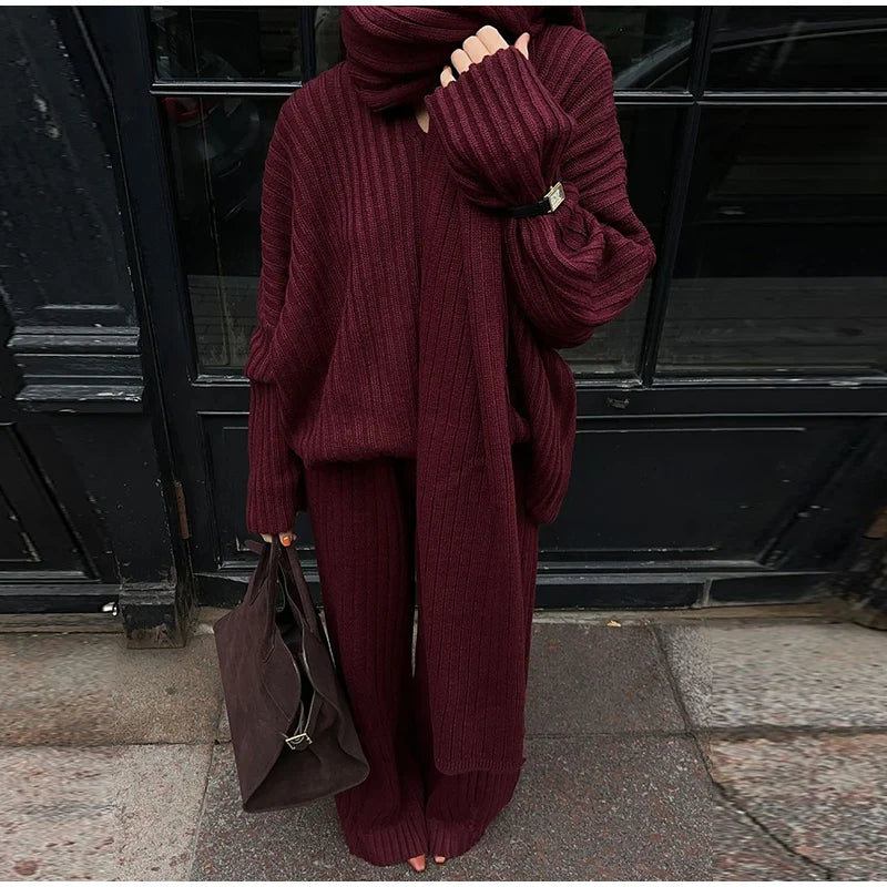 Oversize Knitted Women's Set V-Neck Full Sleeve Scarf Pullover Long Trousers Casual Loose Lady Suit for Autumn