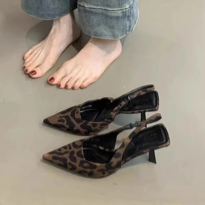 Leopard High Heels Shoes Women Sandals Party Pointed Toe Dress Shoes Summer Slippers 2024 Designer Mules New Female Pumps Slides