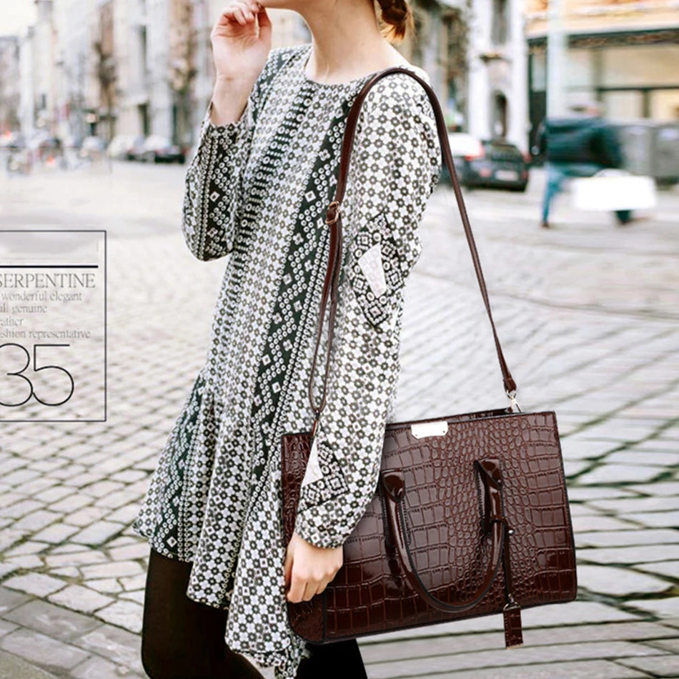 3 Sets Tote Sac Vintage Crocodile Pattern Patent Leather Luxury Handbags Brand Designer Large Capacity Shoulder Messenger Bag