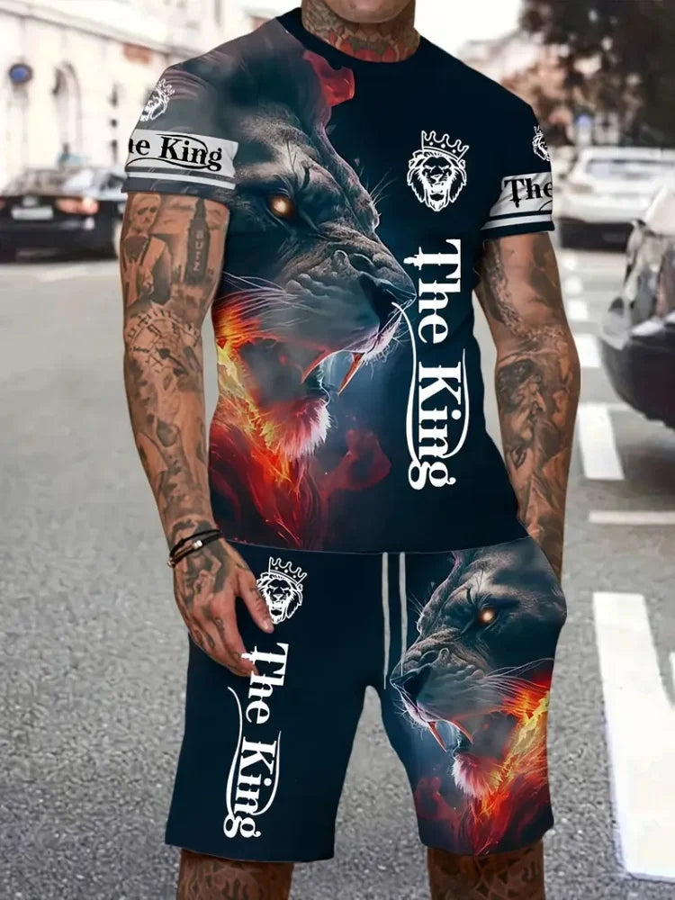 New Lion King 3D Printed Short Sleeve T-shirt Shorts 2 Piece Summer Men's Fashion Street Fashion Short Sleeve Suit Casual