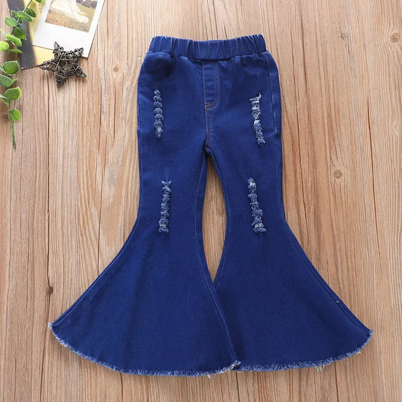 New Spring Autumn Girls Casual Jeans Bell Bottom Trousers Kids Vintage Ripped Solid Stretch Denim Flare Pants Children Clothing