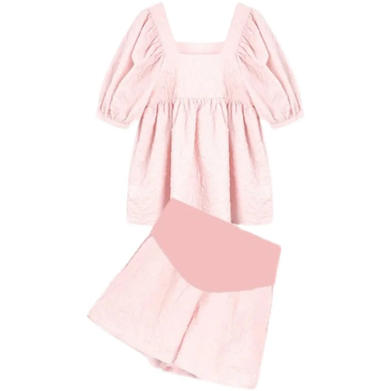 Summer Pregnant Woman Clothes Set Solid Color Puff Sleeve Square Collar Shirts+Belly Shorts Twinset Maternity Fashion Loose Suit