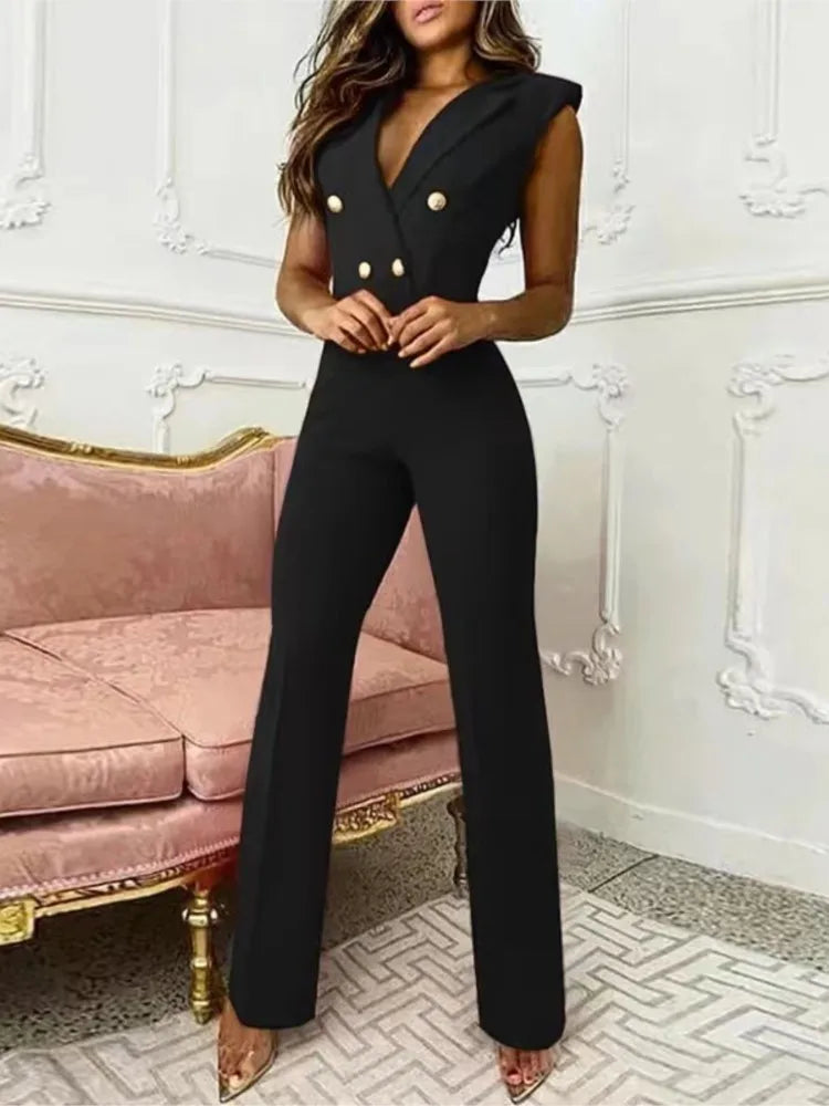 New Elegant Women's Plaid Jumpsuit Chic Office Ladies 2024 Summer Sleeveless V Neck High Waist Button Work Jumpsuit