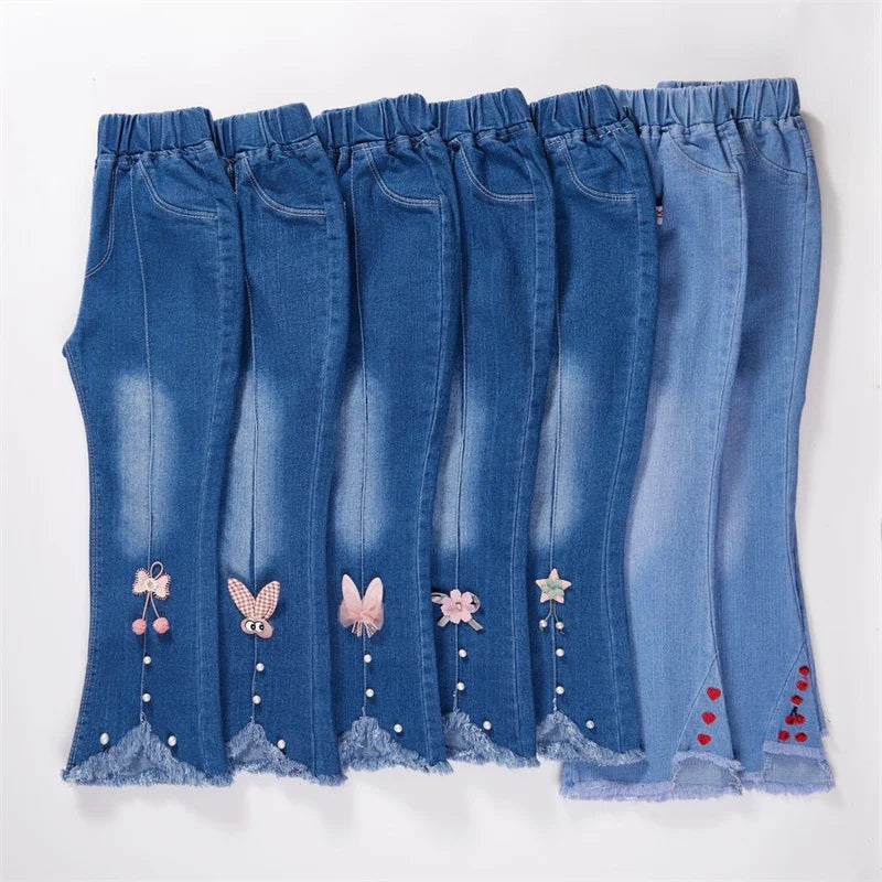 Autumn Girls Jeans Fashionable Bow-Design Denim Flared Pants Elastic Waist Solid Color Trousers for Teenage Kids