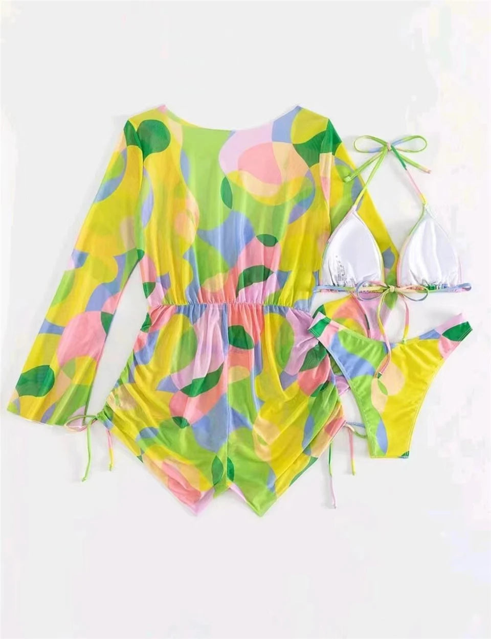 3 pieces Halter Bikini Tropical Print Swimsuit Drawstring Side Swimwear Women Long Sleeve Bathing Suit Female Swimming Beachwear