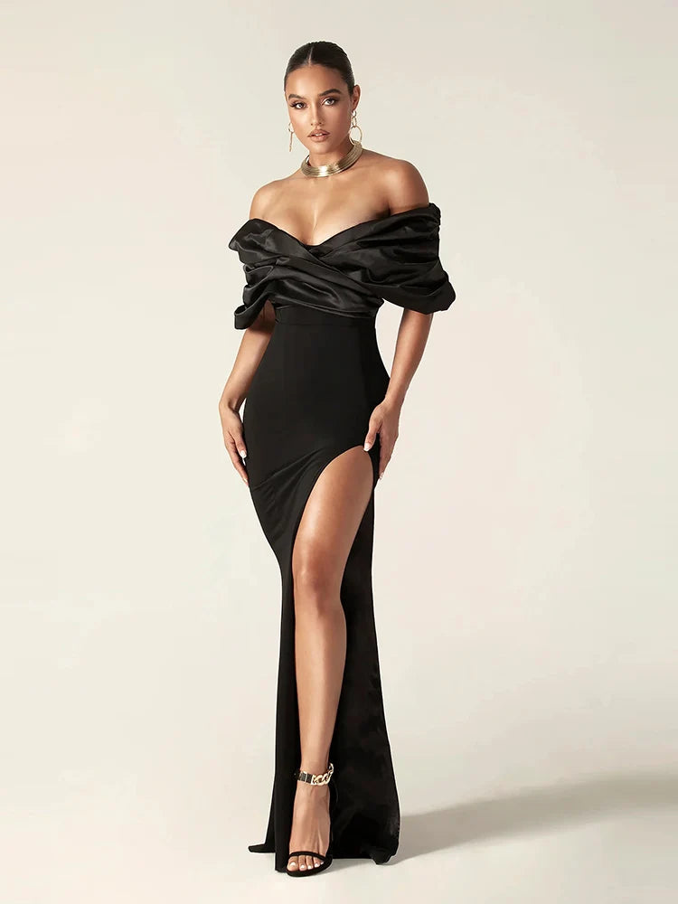Satin Ruffle Shoulder High Slit Long Dress, Off the Shoulder, Maxi Dress Elegant Evening Gown