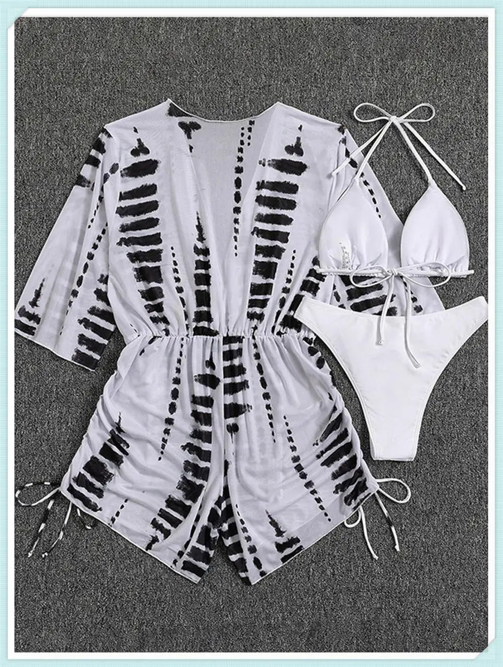3 pieces Halter Bikini Tropical Print Swimsuit Drawstring Side Swimwear Women Long Sleeve Bathing Suit Female Swimming Beachwear