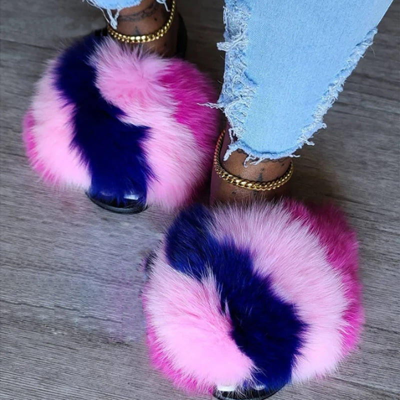 Rainbow Fur Slides Women's Furry Plush Raccoon Fox Fur Slippers Indoor Flat Non-Slip Summer Beach Flip Flops Large Size Sandals