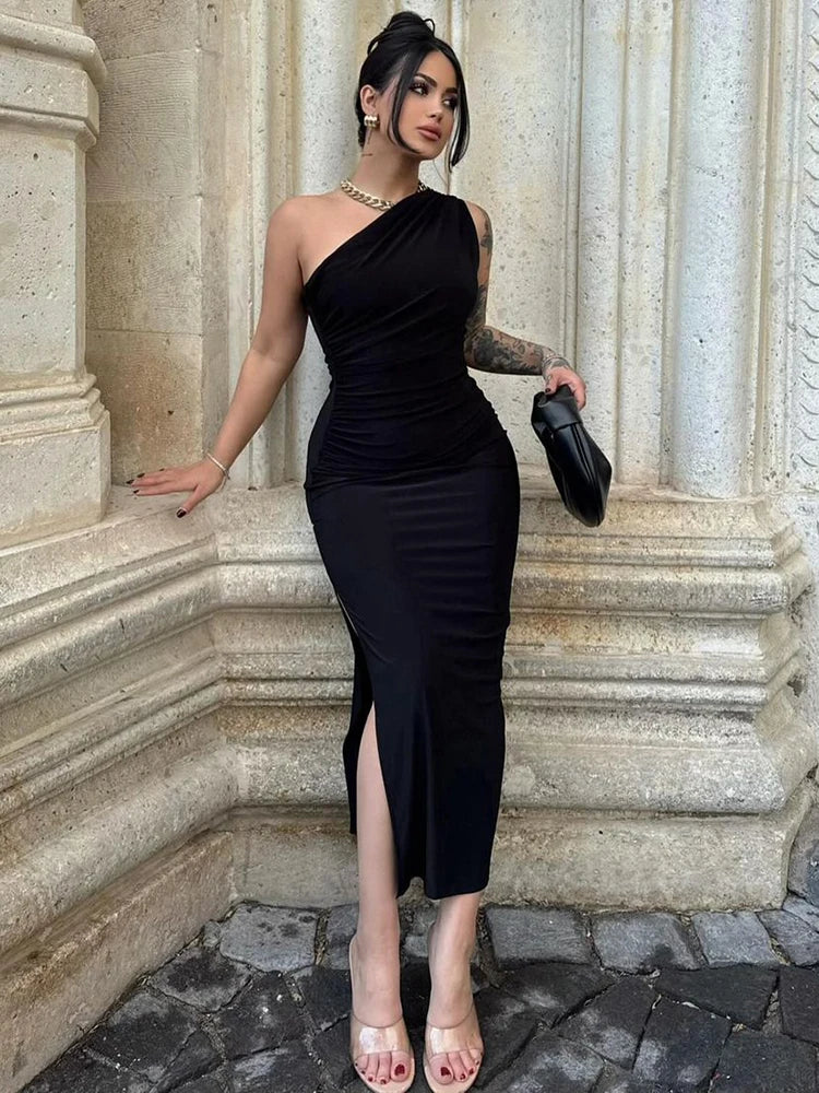 Elegant Black Maxi Dress for Women Sexy Split Sleeveless Backless Summer Fashion Off Shoulder Club Party Dress