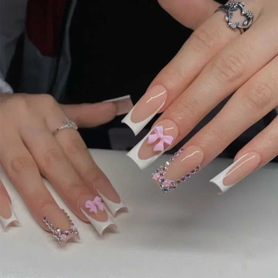 24Pcs Shimmery Long Coffin False Nails with Glue Ballerina Nail Design Sweet Fashion French Press on Acrylic Nails Manicure Tips