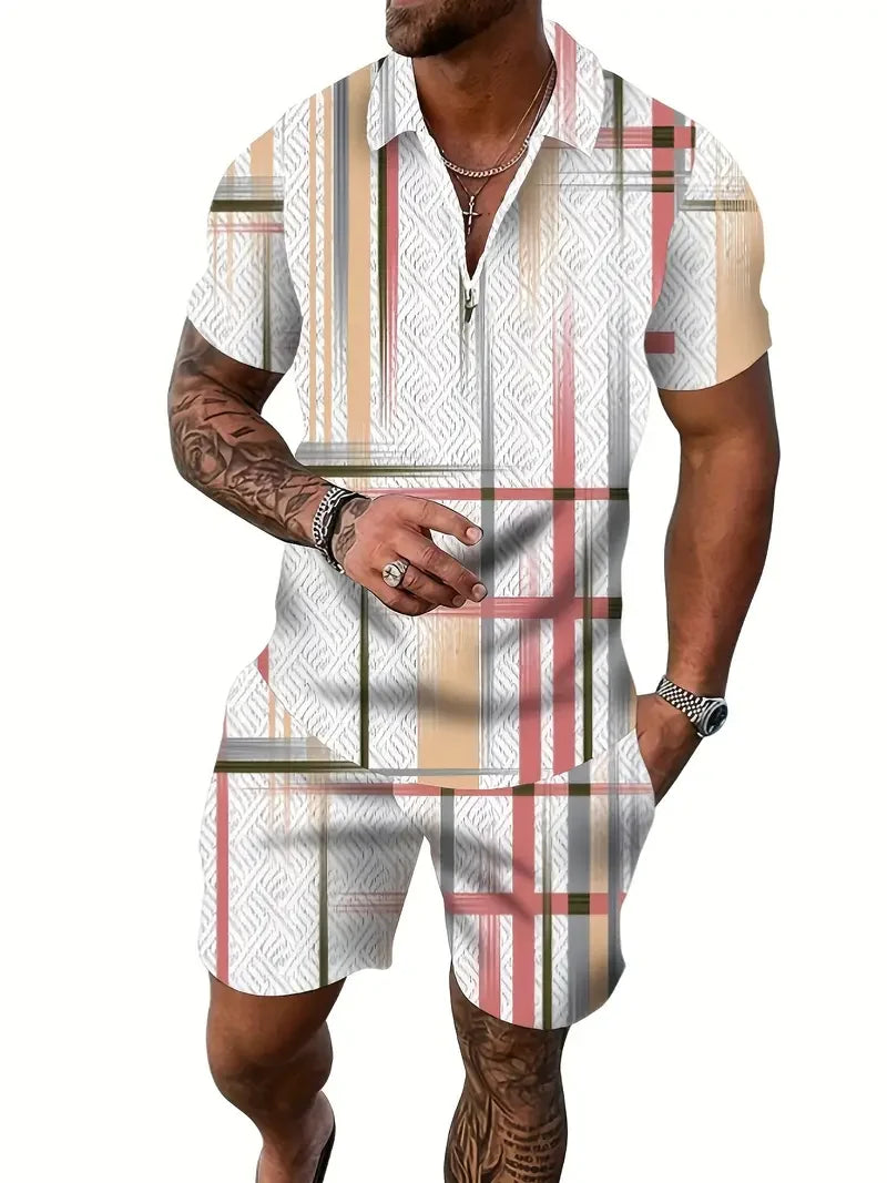 Zipper Shirt Shorts Set Summer Fashion Casual Men's Sports Set 3D Printed Simple Style Lapel Zipper Shirt 2 Sets