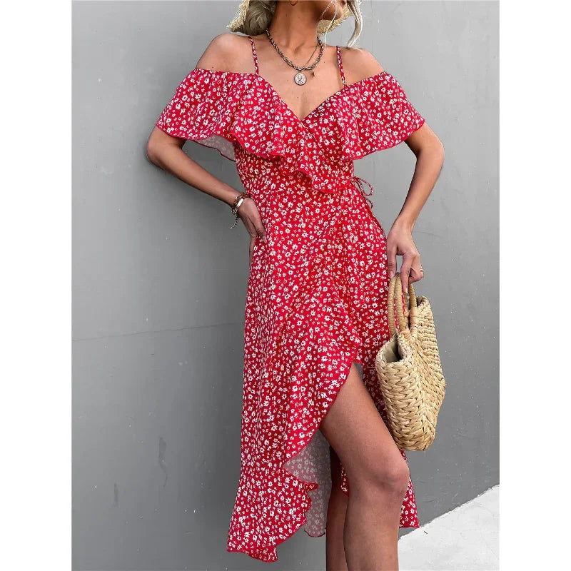 Chic Floral Print Sling Dress Women Summer Dresses NEW Elegant Sexy Strapless Spaghetti Irregular Ruffle Hem Slit Dress