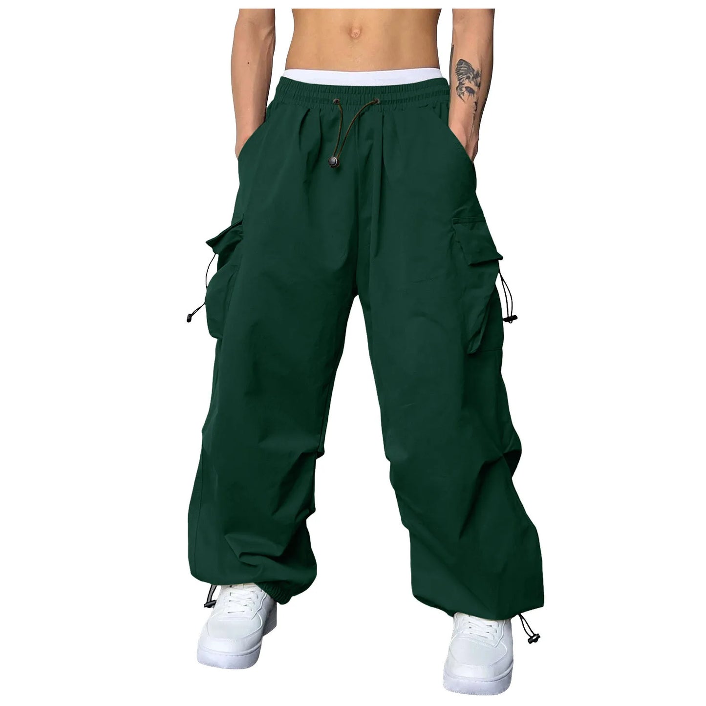 Oversized Men's Casual Pants Woven Pocket Foot Rope Solid Color Street Cargo Pants
