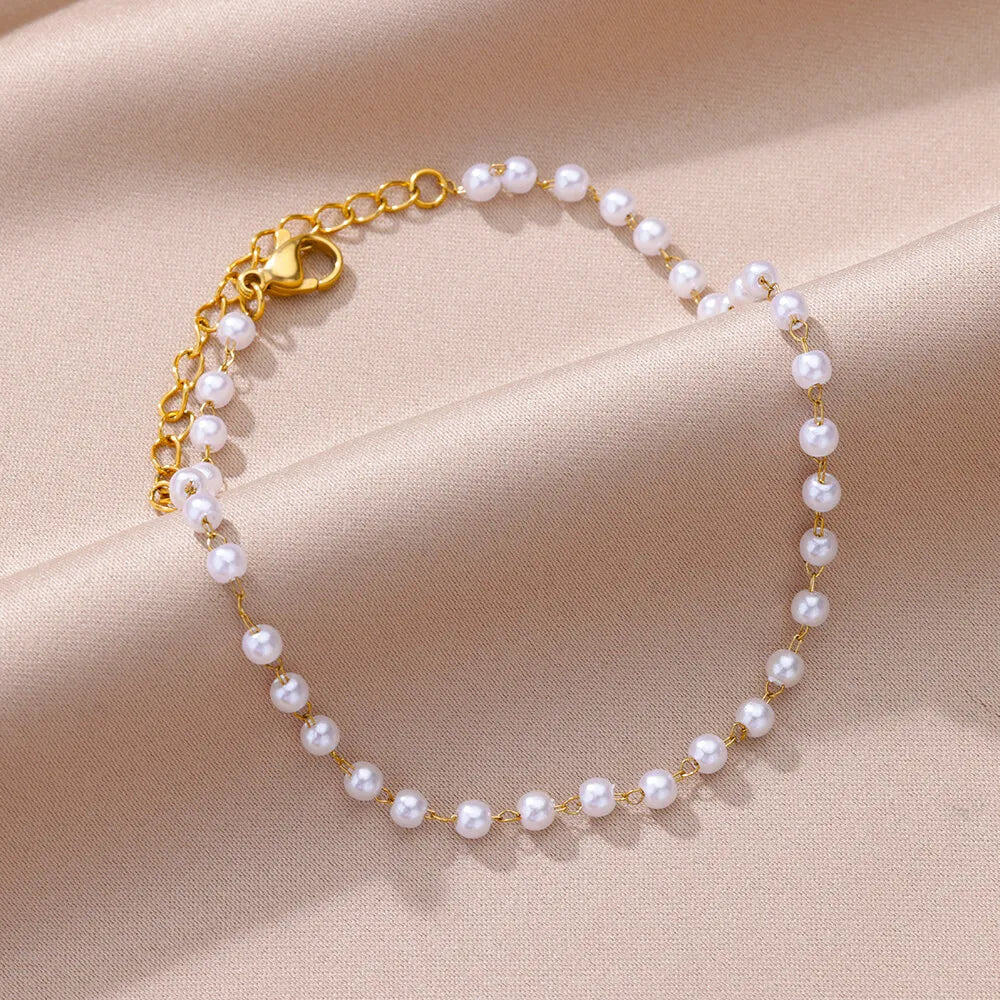 Anklets for Women Stainless Steel Evil Eye Imitation Pearl Anklet Leg Bracelet Boho Summer Jewelry Accessories Tobilleras Mujer