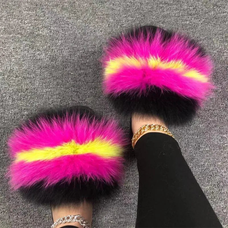 Hot Sale Summer Women Fox Fur Slippers Furry Slippers Designer Fur Slides Girls Black Fur Slides Gorgeous Big Fur Slides Sandal