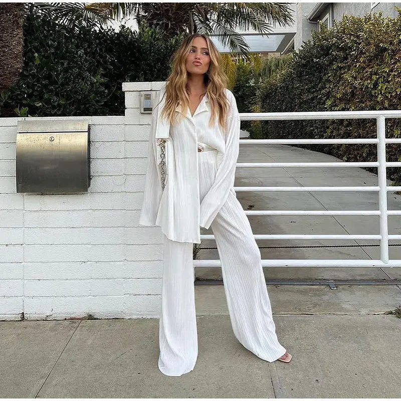 New Spring And Autumn Suit Women's Pleated Lapel Shirt Loose Casual Suit Solid Color Drape Pleated Casual Suit