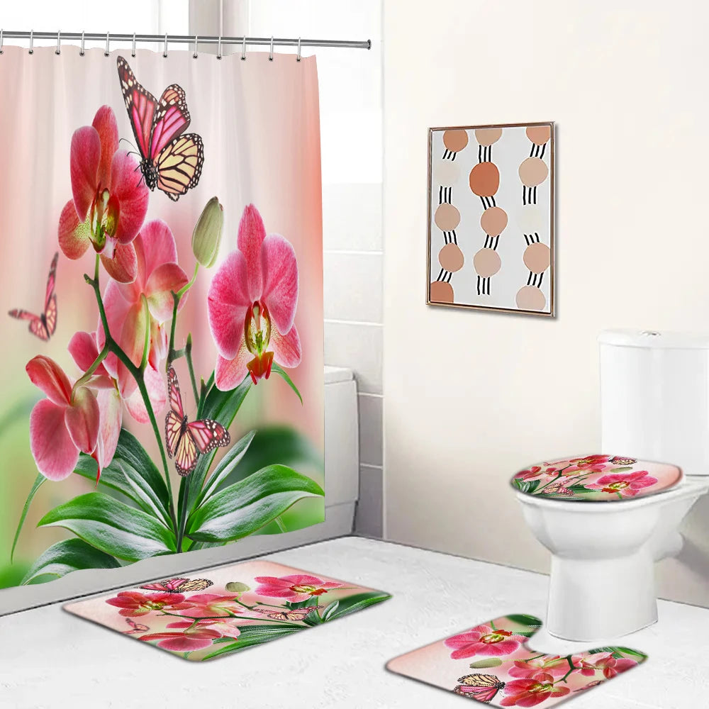 Butterfly Rose Flower Printed Waterproof Bathroom Shower Curtain Set Non-Slip Bath Mat Rug Sets Toilet Cover Bathroom Decor