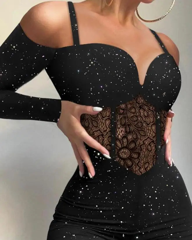 Autumn Fashion Women's Long Sleeve Jumpsuit with Tribal Pattern and Mesh Patch European and American Style for Ladies