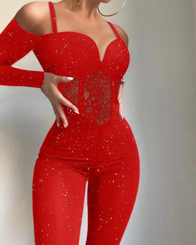 Sexy Party Night Out Jumpsuit Women Elegance Plain Glitter Cold Shoulder Long Sleeve Contrast Lace Corset Skinny Jumpsuit