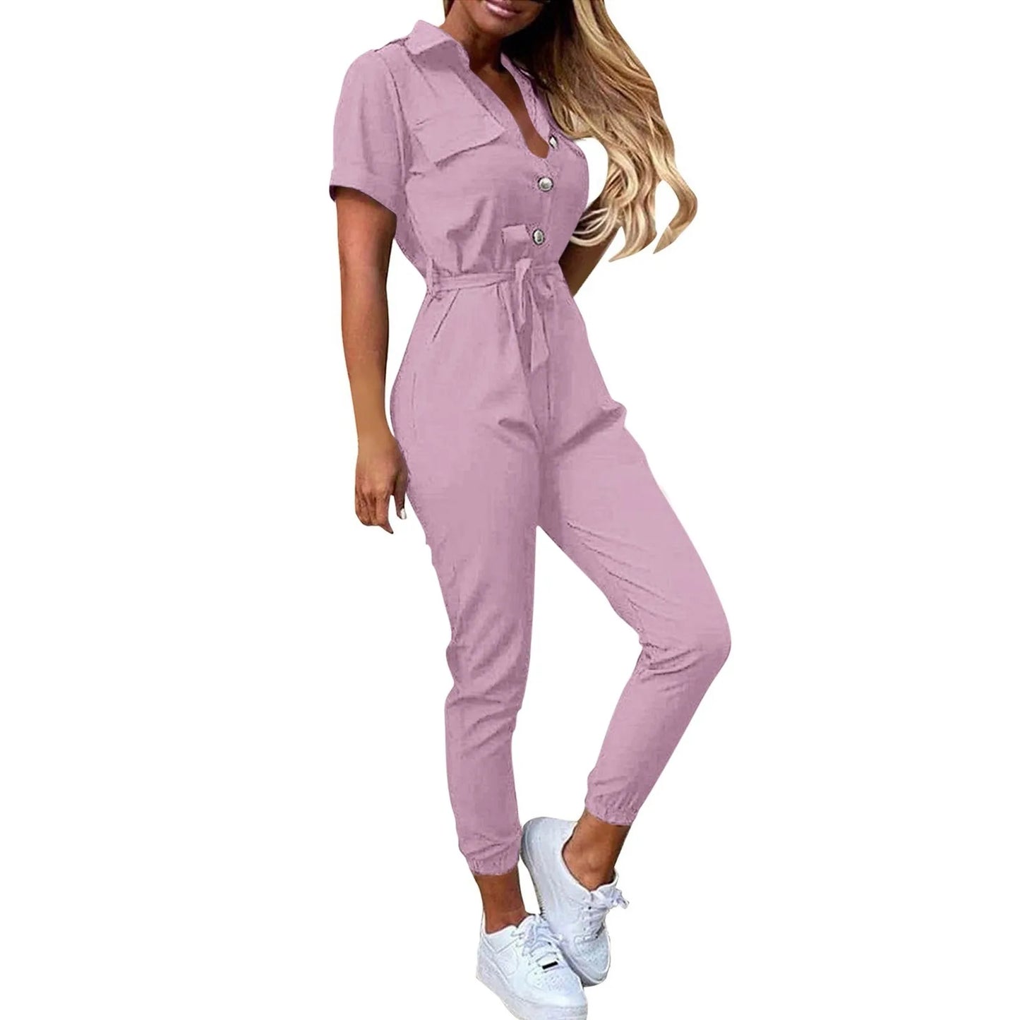 Women's Casual Lapel Lace-Up Printed Belt Short Sleeve Jumpsuit Summer Fashion Workwear Keep Short Eye Catching Junior Size