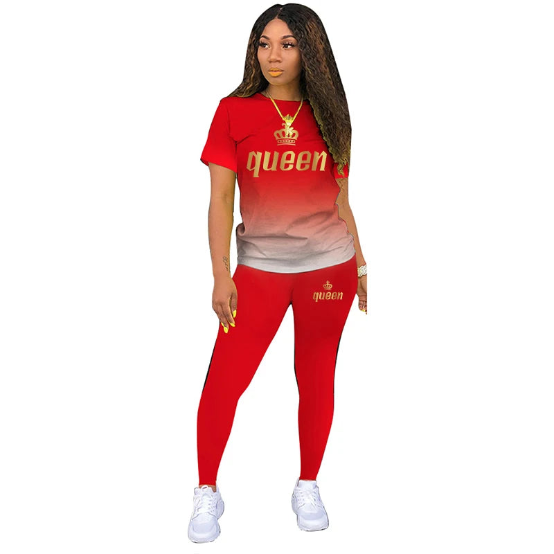 Two Piece Outfits For Yoga Fitness Athletic Sets Printed Gradient T Shirt Leggings Women's Short Sleeve Sportwear S-5XL