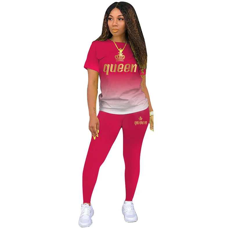 Two Piece Outfits For Yoga Fitness Athletic Sets Printed Gradient T Shirt Leggings Women's Short Sleeve Sportwear S-5XL
