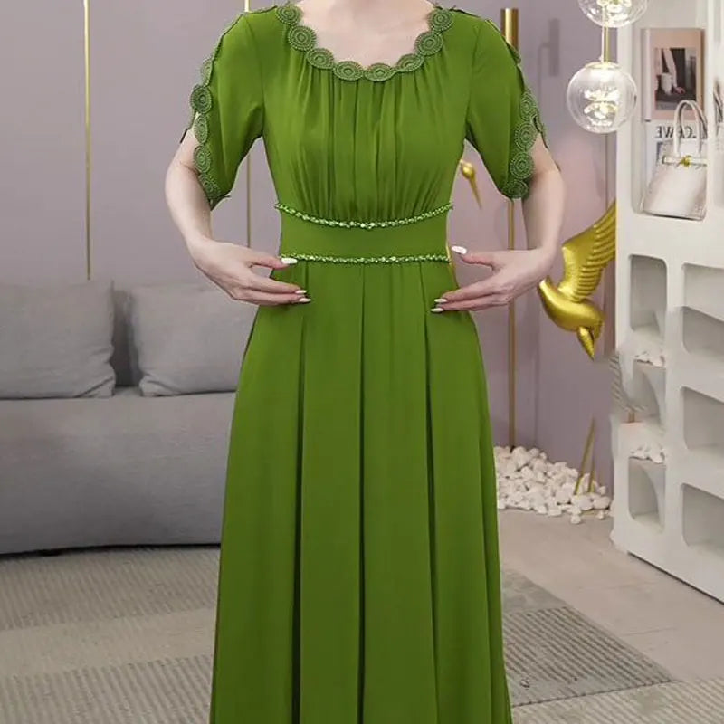 Summer Elegant Petal Sleeve Dresses Stylish Lace Spliced Pleated Women's Clothing Waist Chic Beading Casual O-Neck Long Dress
