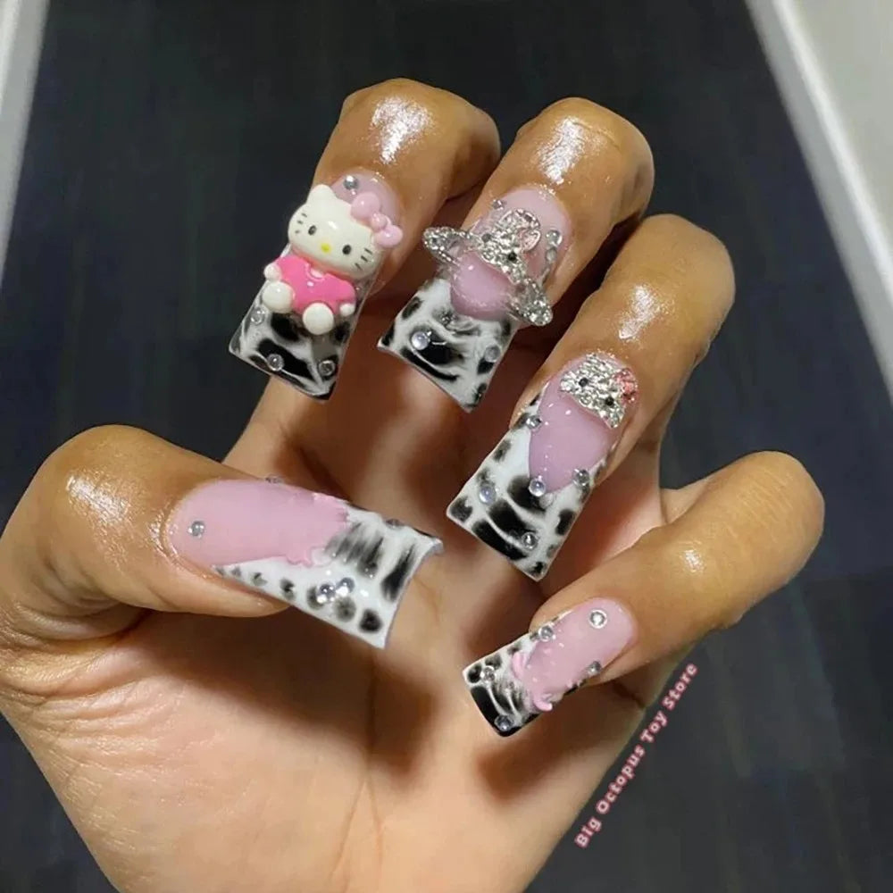 Xxl Euro-Americaen Long Square Cartoon Fake Nails Hello Kitty Mymelody Kuromi Luxury Diamond Handmade Nail Tips Party Sticker