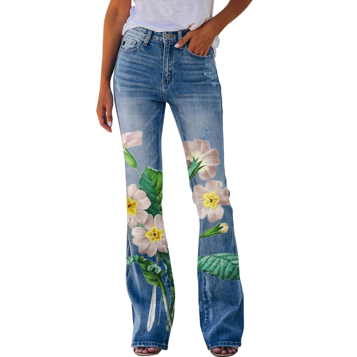 Y2K Ladies Retro Flared Jeans Floral Printed Slim-Fit Denim Trousers Baggy Style for Streetwear