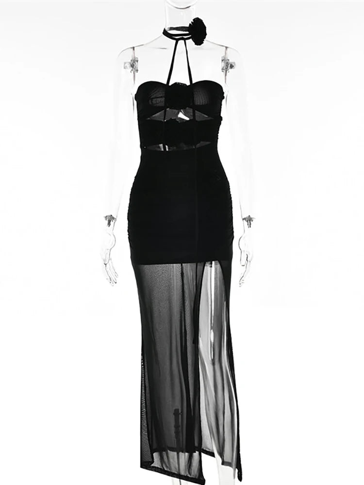Articat Sexy Strapless Flower Mesh Women Dress Apricot Hollow Out Ruched Summer Dresses Woman Elegant Party Club Vestidos