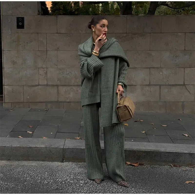 Oversize Knitted Women's Set V-Neck Full Sleeve Scarf Pullover Long Trousers Casual Loose Lady Suit for Autumn